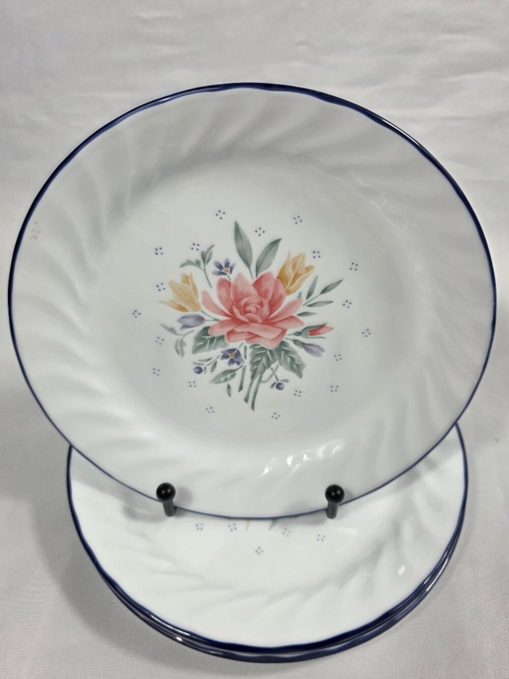 FOUR Corning Corelle Promise Salad Plates Swirl Pink, Blue Yellow Flowers